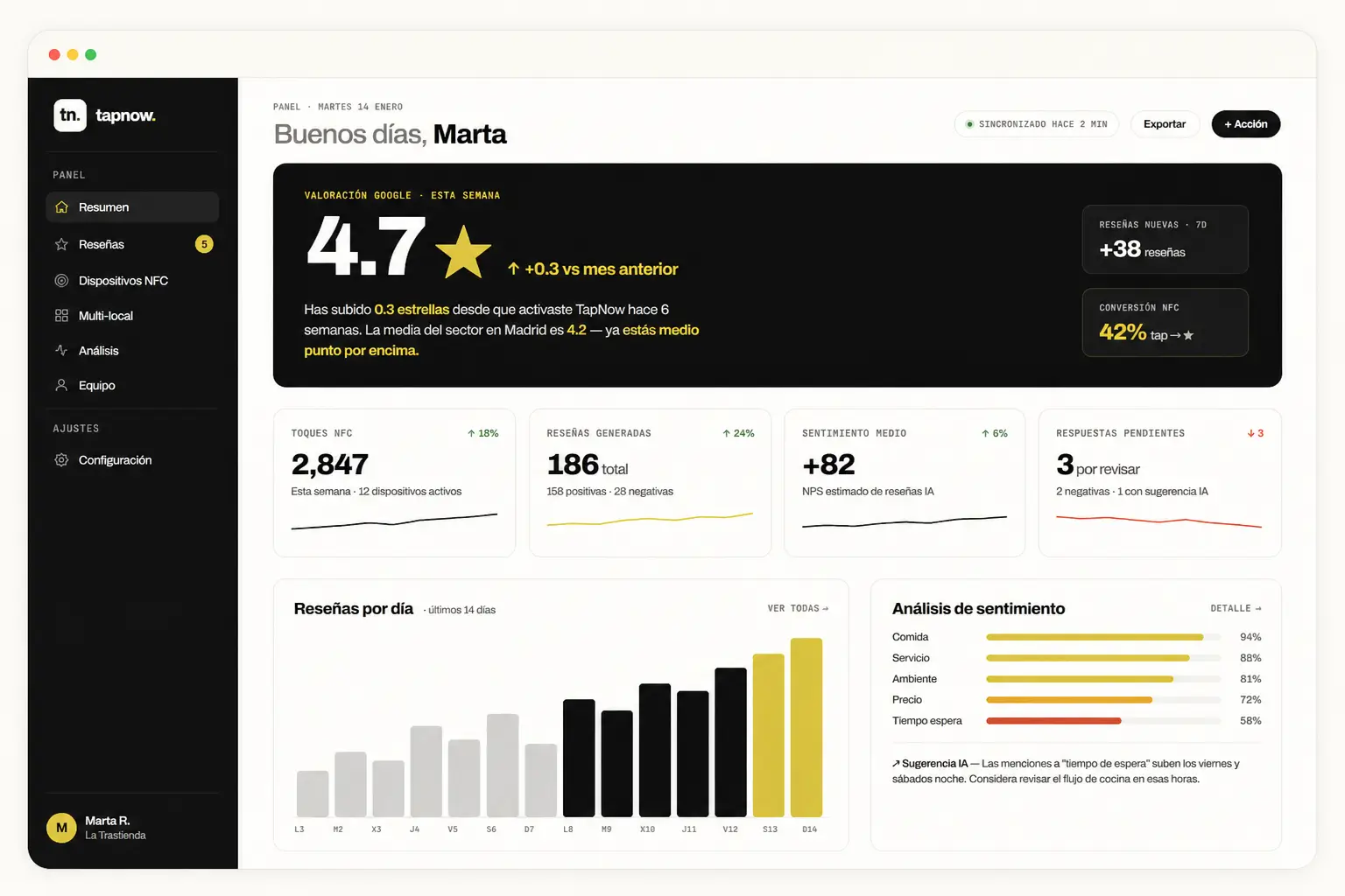 Panel tapnow — vista del dashboard principal con métricas de reseñas
