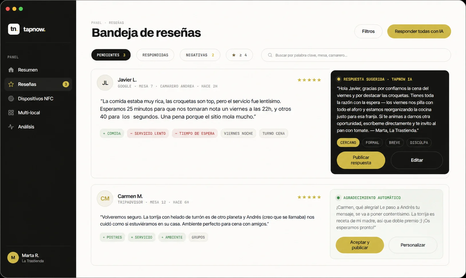 Respuestas IA tapnow — bandeja de reseñas con respuestas sugeridas por inteligencia artificial